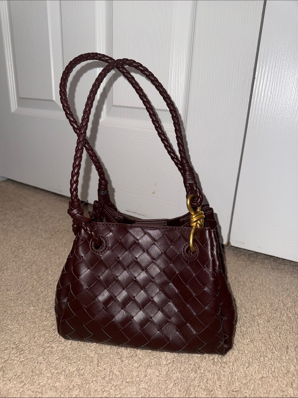 Bottega Veneta Woven Shoulder Bag in Deep Wine with Gold Accent